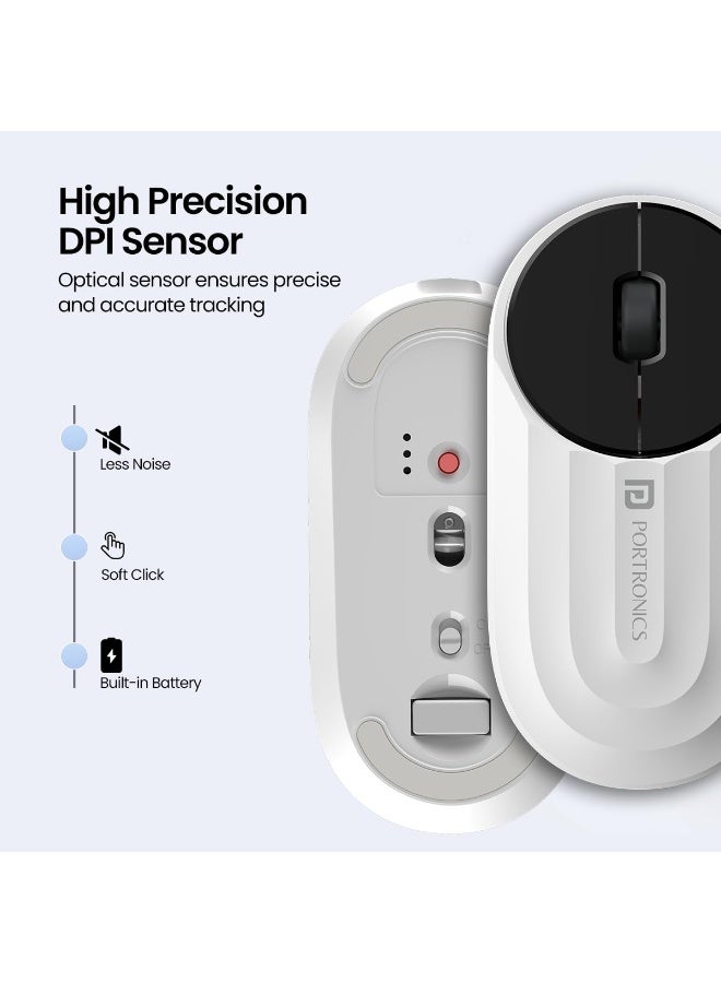 بورترونيكس Portronics Toad 6 Bluetooth Wireless Mouse with 2.4 GHz USB Receiver, Multi-Device Pairing, Built in Battery, 1200 DPI Sensor(White) - Image 2